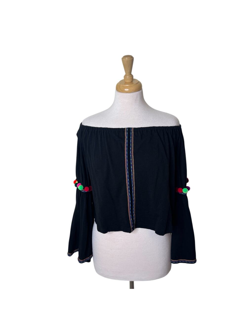 PITUSA  Off The Shoulder Pom Pom Bell Sleeve Swim Cover Up Shirt One Size